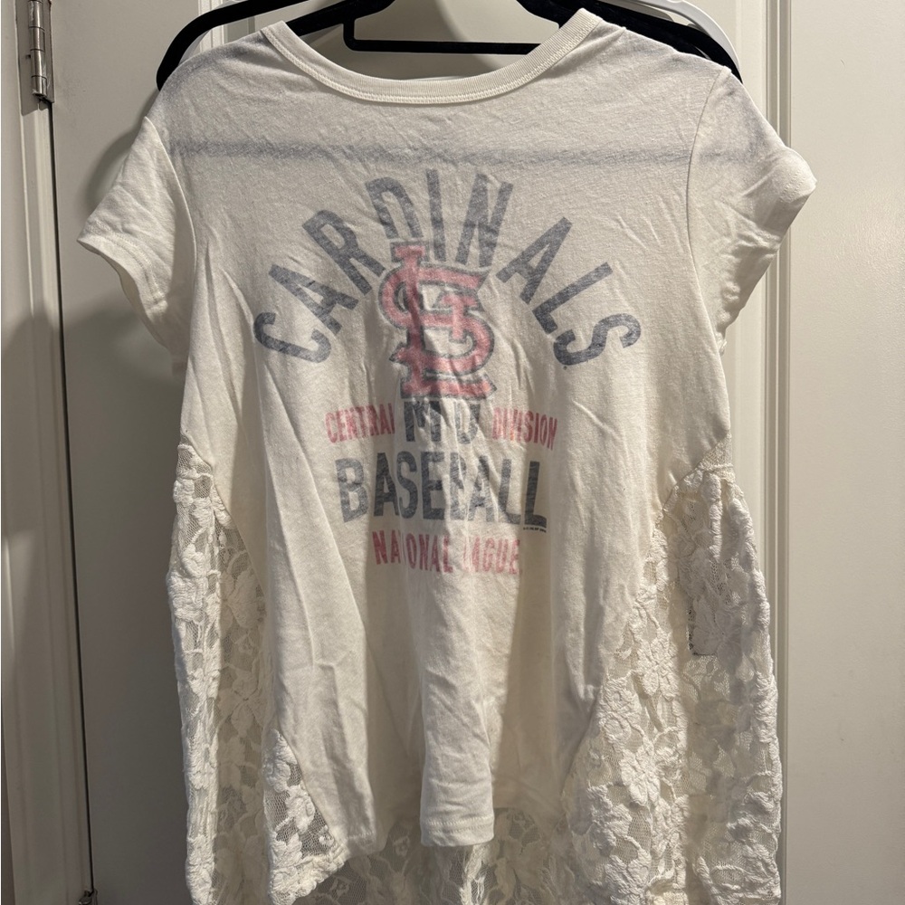 St. Louis Cardinals Lace-Trim Baseball Tee - White with Red/Gray Logo